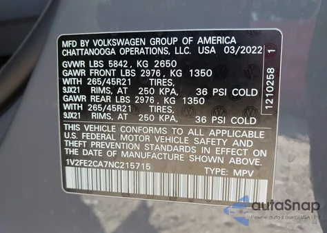 2022 Volkswagen Atlas Cross Sport 3.6L V6 Sel Premium R-Line from USA, damaged, VIN 1V2FE2CA7NC215715